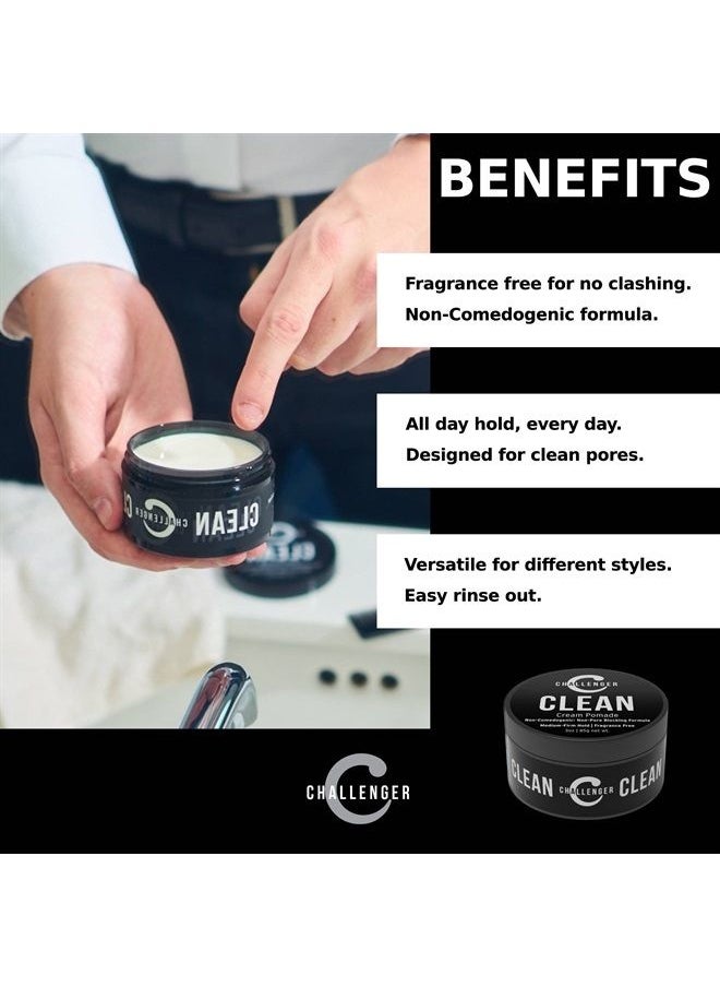 Challenger - Men's Clean Cream Pomade, 3 Ounce | Fragrance Free, Non-Comedogenic Hair Styling Product | Medium Firm Hold & Natural Finish | Shine Free, Unscented, Water Based & Travel Friendly - Image 1