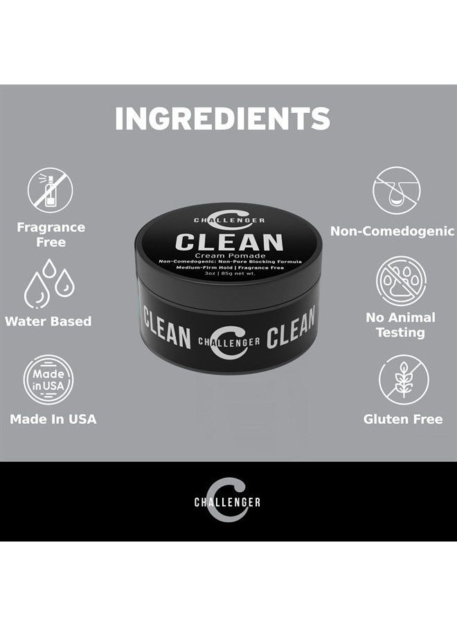 Challenger - Men's Clean Cream Pomade, 3 Ounce | Fragrance Free, Non-Comedogenic Hair Styling Product | Medium Firm Hold & Natural Finish | Shine Free, Unscented, Water Based & Travel Friendly - Image 1