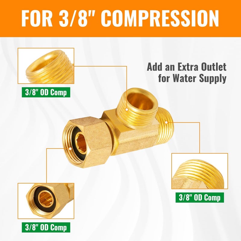 SUNGATOR Angle Stop Add-A-Tee Valve, 3/8" Compression Inlet x 3/8" Compression Outlet x 3/8" Compression Outlet, Lead Free Brass with a Sealing Tape (2-Pack) - Image 2