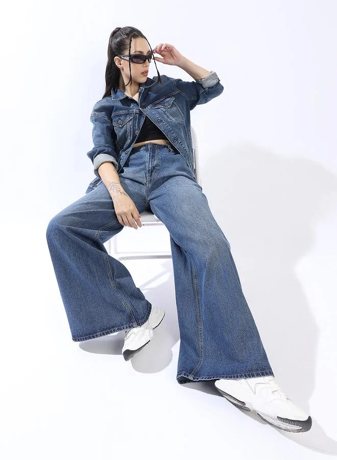 HIGH STAR Women's Blue 100% Cotton Distressed Pattern Full Length Denim Wide Leg Jeans