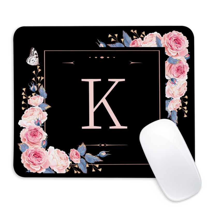 Adastrah Letter K Black and Pink Flowers Square Mouse Pad, Mouse Pad with Stitched Edge and Non-Slip Rubber Base,Mouse Mat,Home Office Decor Desk Accessories,9.4x7.8x0.12 inch Square Mouse Pad - Image 1