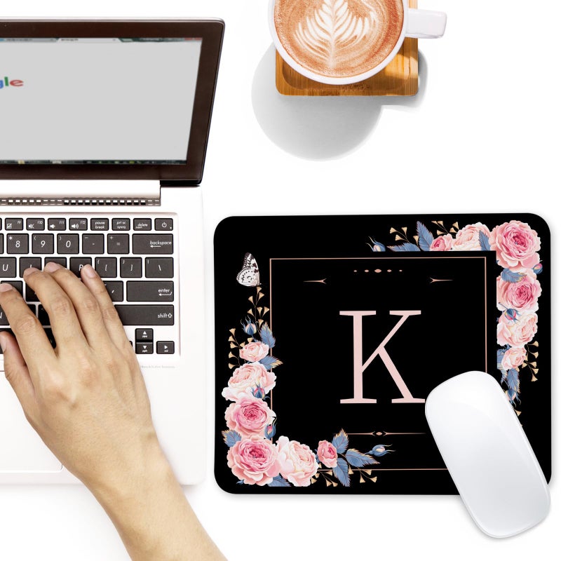 Adastrah Letter K Black and Pink Flowers Square Mouse Pad, Mouse Pad with Stitched Edge and Non-Slip Rubber Base,Mouse Mat,Home Office Decor Desk Accessories,9.4x7.8x0.12 inch Square Mouse Pad - Image 3