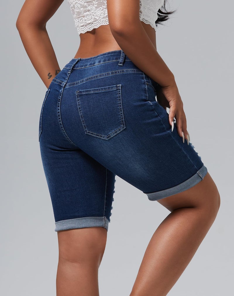 roswear Women's Distressed Knee Length Ripped Stretchy Jean Shorts Dark Blue Large - Image 3