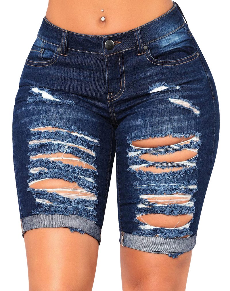 roswear Women's Distressed Knee Length Ripped Stretchy Jean Shorts Dark Blue Large - Image 1