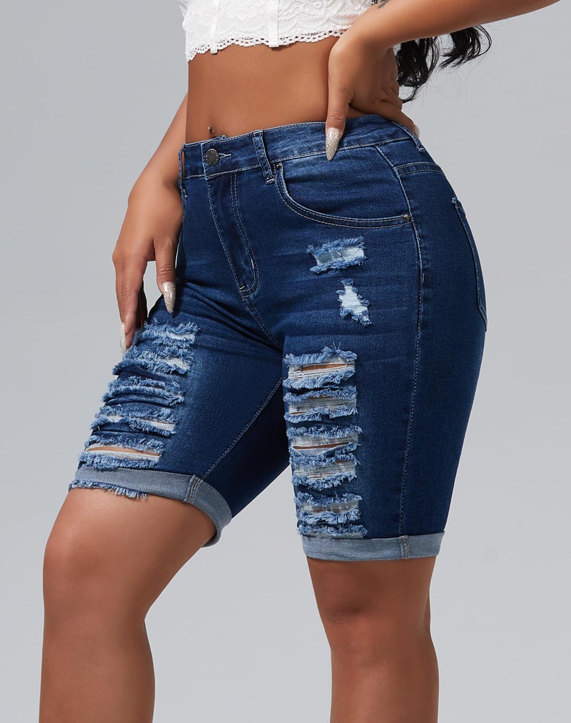 roswear Women's Distressed Knee Length Ripped Stretchy Jean Shorts Dark Blue Large - Image 2