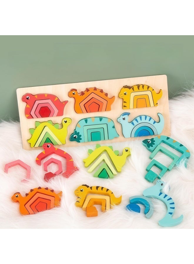 Montessori Wooden Dinosaur Puzzle, Parent-Child Collaborative Play Stacking Toy for Kids Ages 3+ - Image 1