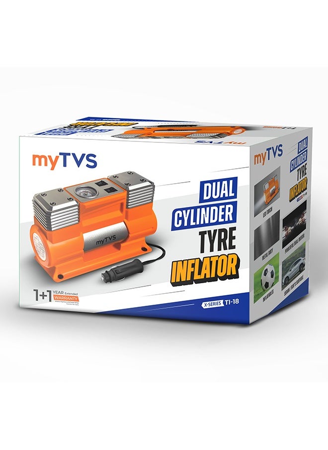 ماي تي في اس منفاخ إطارات معدني عالي التحمل من myTVS للسيارات | مضخة هواء كهربائية مزدوجة الأسطوانات بقوة 150 رطل/بوصة مربعة لسيارات الدفع الرباعي مع ضمان لمدة عام + عام واحد (TI-18)  - Image 2