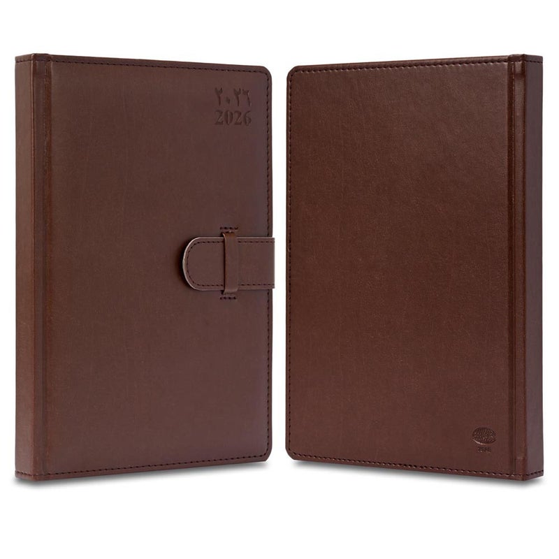 FIS مفكرة أجندة FIS 2026، 170x240 مم، غلاف PU إيطالي مبطن ومخيط من جانب واحد، زوايا مدورة مع إغلاق بحزام، يوم واحد في الصفحة، عربي/إنجليزي، ورق إيطالي عاجي 70 جرام، غلاف بني داكن - FSDI75AE26DBR - Image 2