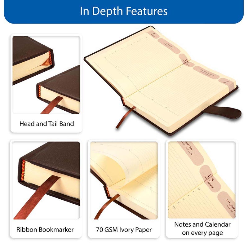 FIS مفكرة أجندة FIS 2026، 170x240 مم، غلاف PU إيطالي مبطن ومخيط من جانب واحد، زوايا مدورة مع إغلاق بحزام، يوم واحد في الصفحة، عربي/إنجليزي، ورق إيطالي عاجي 70 جرام، غلاف بني داكن - FSDI75AE26DBR - Image 5