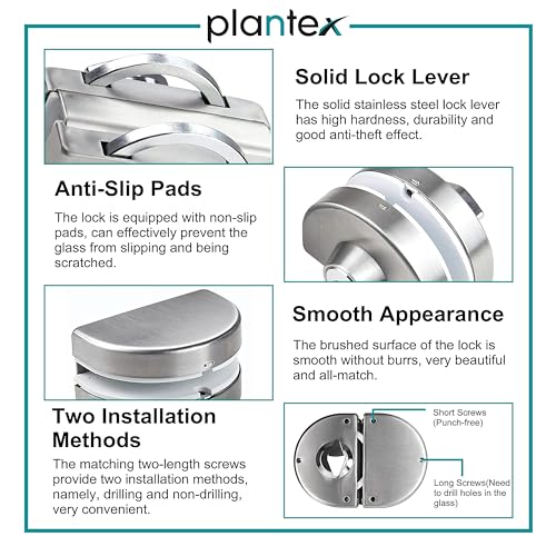 Plantex Stainless Steel Glass Door Lock - No Drilling/Lock for Main Door/Door Thickness 10 mm to 12 mm/3 Ultra Keys/Tuffen Glass Door Accessories - Pack of 1 (Matt) - Image 4
