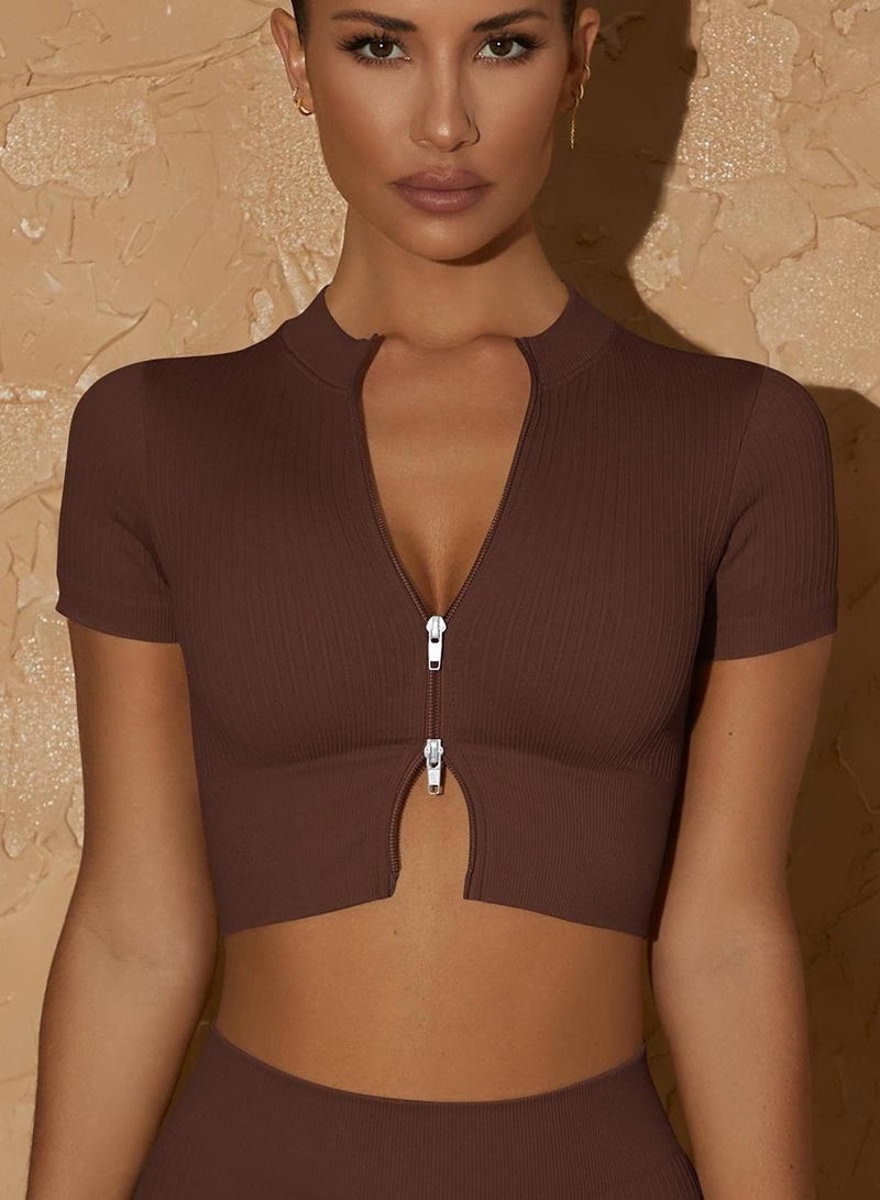 Loquat Yoga Tight Fitting Stretch Soft T-shirt Brown  - Image 1