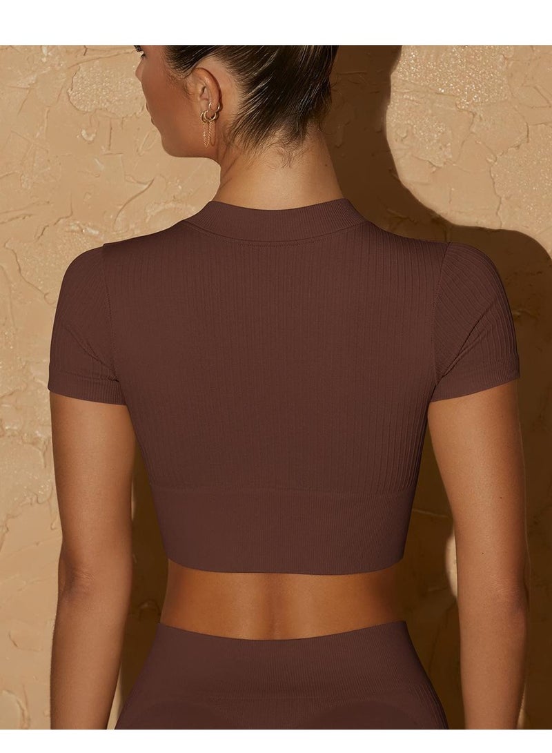 Loquat Yoga Tight Fitting Stretch Soft T-shirt Brown  - Image 2