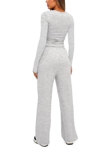 Darong Women's 2 Piece Lounge Sets Long Sleeve Tops Wide Leg Pants Casual Outfits Pajama Set Fall Collection 9065A White Grey XS - Image 2