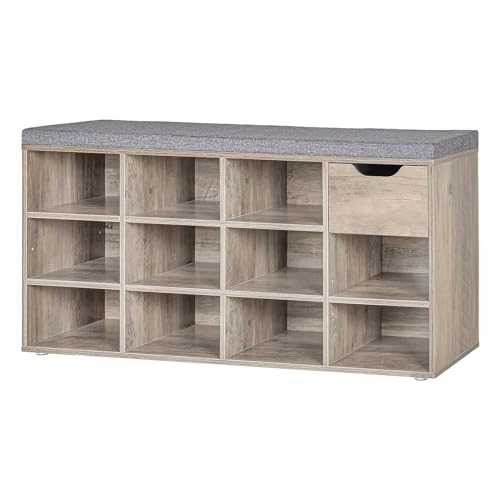 DINZI LVJ DINZI LVJ Shoe Bench Entryway Storage Bench with Drawer and 11 Cubbies Cubby Shoe Rack with Adjustable Shelves Organizer Cabinet for Living Room Bedroom Mudroom Closet and Garage Greige
