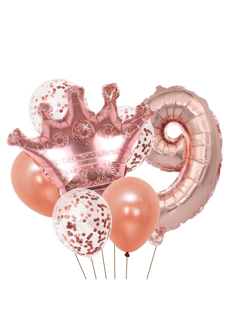 Party 8-piece set for 9th birthday party anniversary decoration party supplies including rose gold number 9 balloons, rose gold crown foil balloon set, 12-inch sequin balloons, 12-inch rose gold balloons 