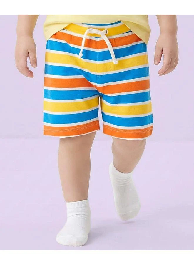 Babyhug Babyhug Cotton Single Jersey Knit Shorts with Stripes & Tropical Theme Print (Pack of 3) - Blue, Orange & Yellow