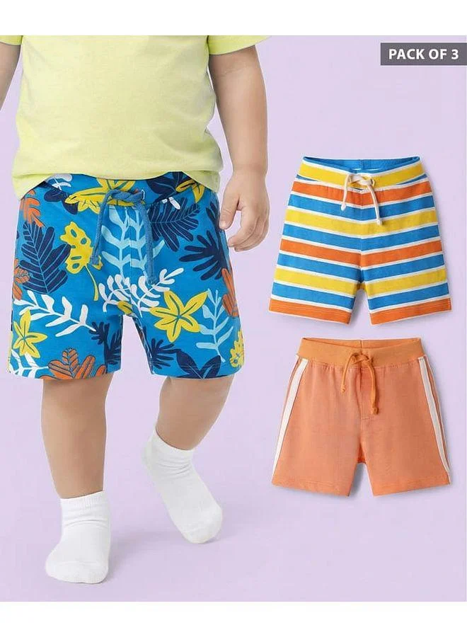 Babyhug Babyhug Cotton Single Jersey Knit Shorts with Stripes & Tropical Theme Print (Pack of 3) - Blue, Orange & Yellow