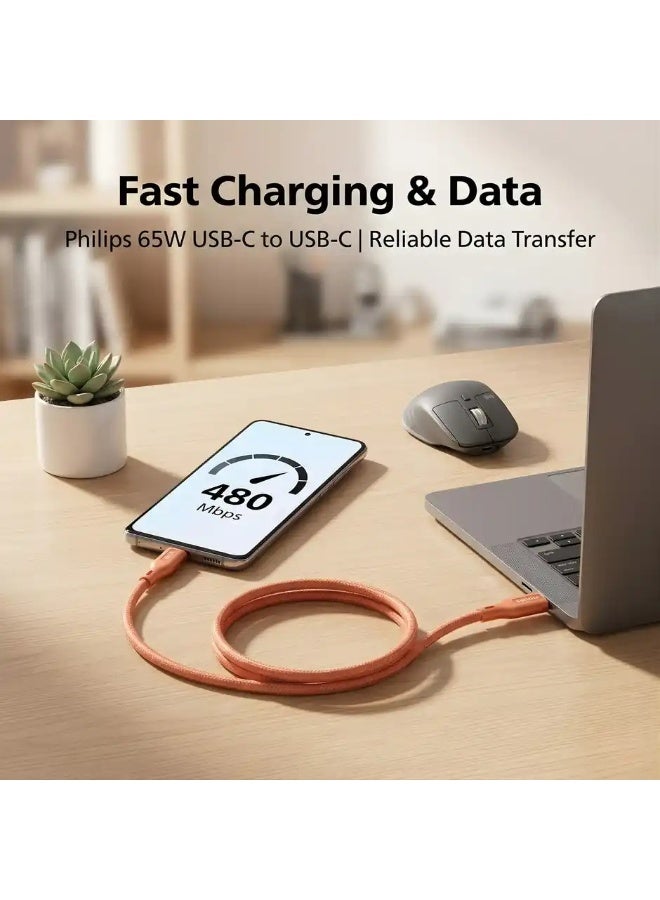 PHILIPS 65W USB Type-C to Type-C Fast Charging Cable, 1m, Nylon Braided, Orange, DLC4130CR/94 orange - Image 5