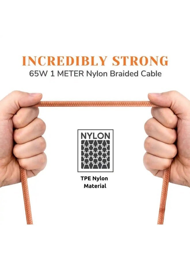 PHILIPS 65W USB Type-C to Type-C Fast Charging Cable, 1m, Nylon Braided, Orange, DLC4130CR/94 orange - Image 3