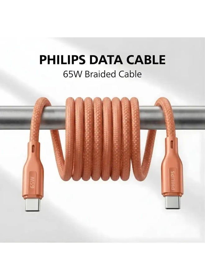 PHILIPS 65W USB Type-C to Type-C Fast Charging Cable, 1m, Nylon Braided, Orange, DLC4130CR/94 orange - Image 2