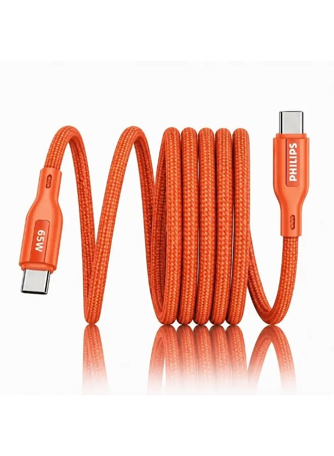PHILIPS 65W USB Type-C to Type-C Fast Charging Cable, 1m, Nylon Braided, Orange, DLC4130CR/94 orange - Image 1