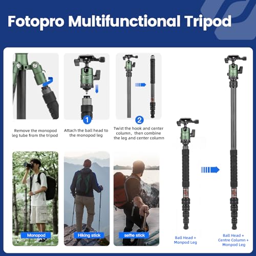 Fotopro 62" Carbon Fiber Travel Tripod, Compact Camera Tripod with Metal Ball Head, Detachable Monopod with Arca-Swiss Quick Release Plate and Bag, Load up to 8KG/17.63lbs - Image 5