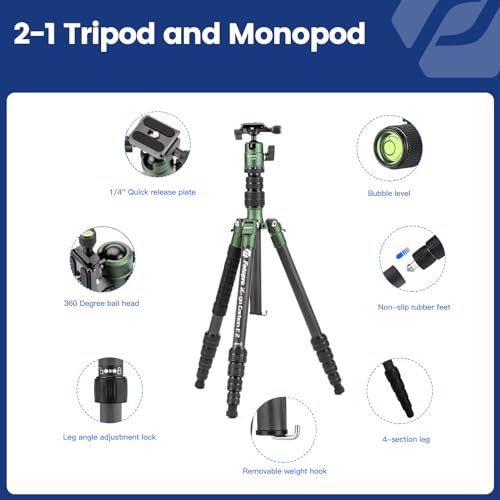 Fotopro 62" Carbon Fiber Travel Tripod, Compact Camera Tripod with Metal Ball Head, Detachable Monopod with Arca-Swiss Quick Release Plate and Bag, Load up to 8KG/17.63lbs - Image 4