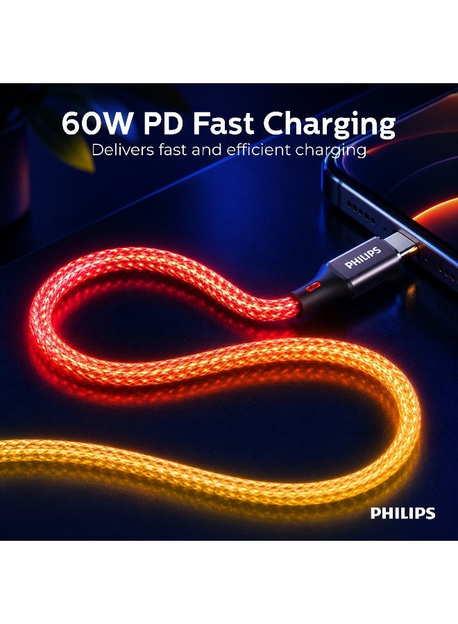 Philips 60W Fast Charging Type-C to Type-C Cable with RGB Ambilight LED – 1 Meter Flexible & Durable Sync Cable, Supports Power Delivery for Mobile Phones & PCs Muliticolour - Image 3