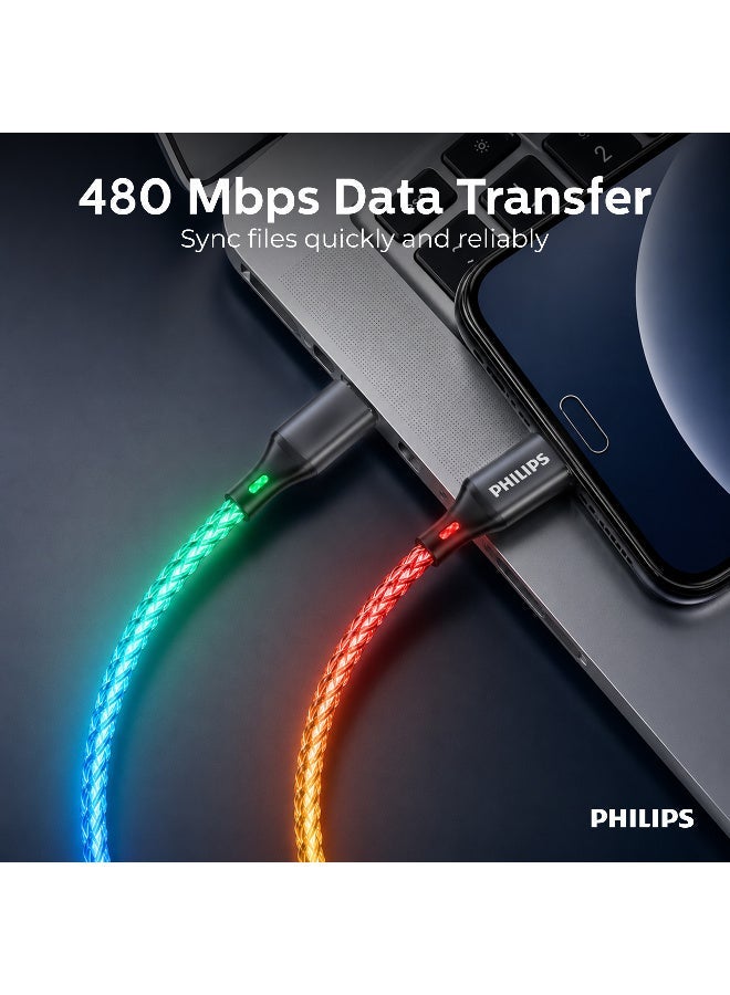 Philips 60W Fast Charging Type-C to Type-C Cable with RGB Ambilight LED – 1 Meter Flexible & Durable Sync Cable, Supports Power Delivery for Mobile Phones & PCs Muliticolour - Image 4