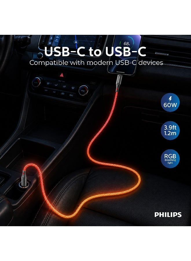 Philips 60W Fast Charging Type-C to Type-C Cable with RGB Ambilight LED – 1 Meter Flexible & Durable Sync Cable, Supports Power Delivery for Mobile Phones & PCs Muliticolour - Image 5