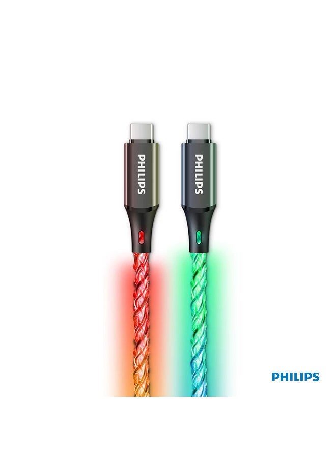 Philips 60W Fast Charging Type-C to Type-C Cable with RGB Ambilight LED – 1 Meter Flexible & Durable Sync Cable, Supports Power Delivery for Mobile Phones & PCs Muliticolour - Image 1