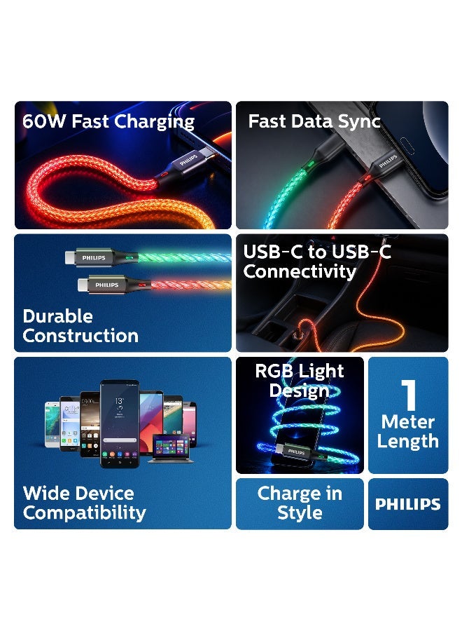Philips 60W Fast Charging Type-C to Type-C Cable with RGB Ambilight LED – 1 Meter Flexible & Durable Sync Cable, Supports Power Delivery for Mobile Phones & PCs Muliticolour - Image 2