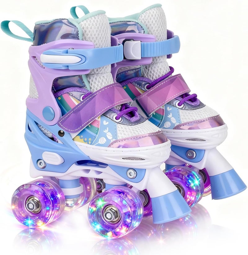 HISULIV Adjustable Quad Roller Skates for Kids with Light Up Wheels - Purple - Image 1