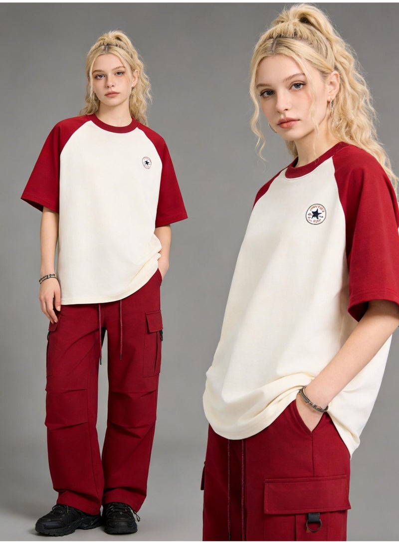 CONVERSE Alo Style Burgundy & Cream Color Block Raglan T-Shirt Unisex Loose Casual Couple Short Sleeve Tee - Image 3