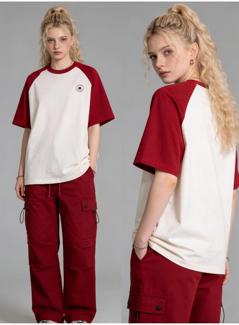 CONVERSE Alo Style Burgundy & Cream Color Block Raglan T-Shirt Unisex Loose Casual Couple Short Sleeve Tee - Image 2
