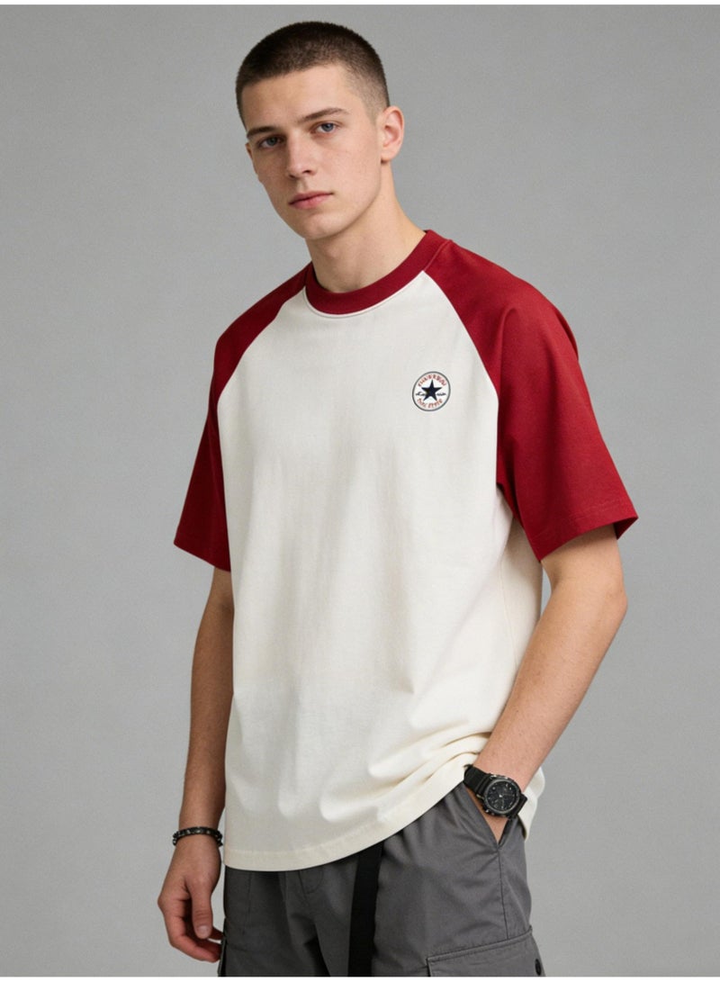 CONVERSE Alo Style Burgundy & Cream Color Block Raglan T-Shirt Unisex Loose Casual Couple Short Sleeve Tee - Image 1