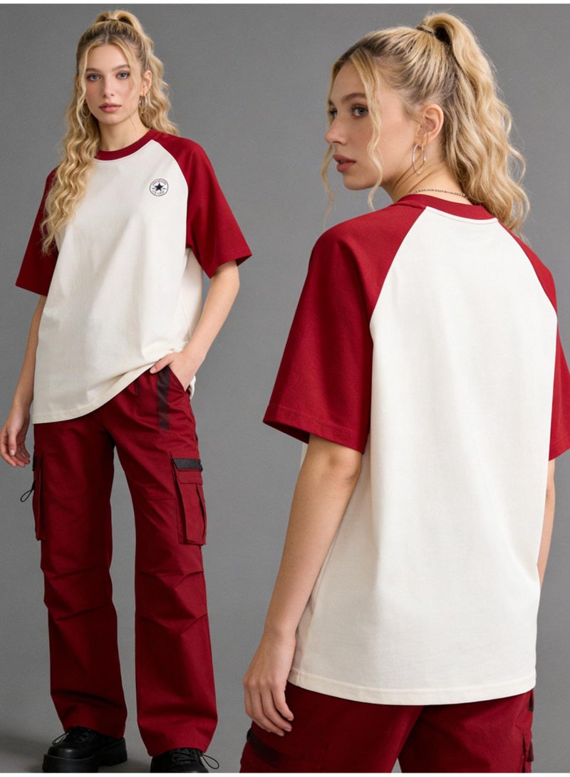 CONVERSE Alo Style Burgundy & Cream Color Block Raglan T-Shirt Unisex Loose Casual Couple Short Sleeve Tee - Image 5