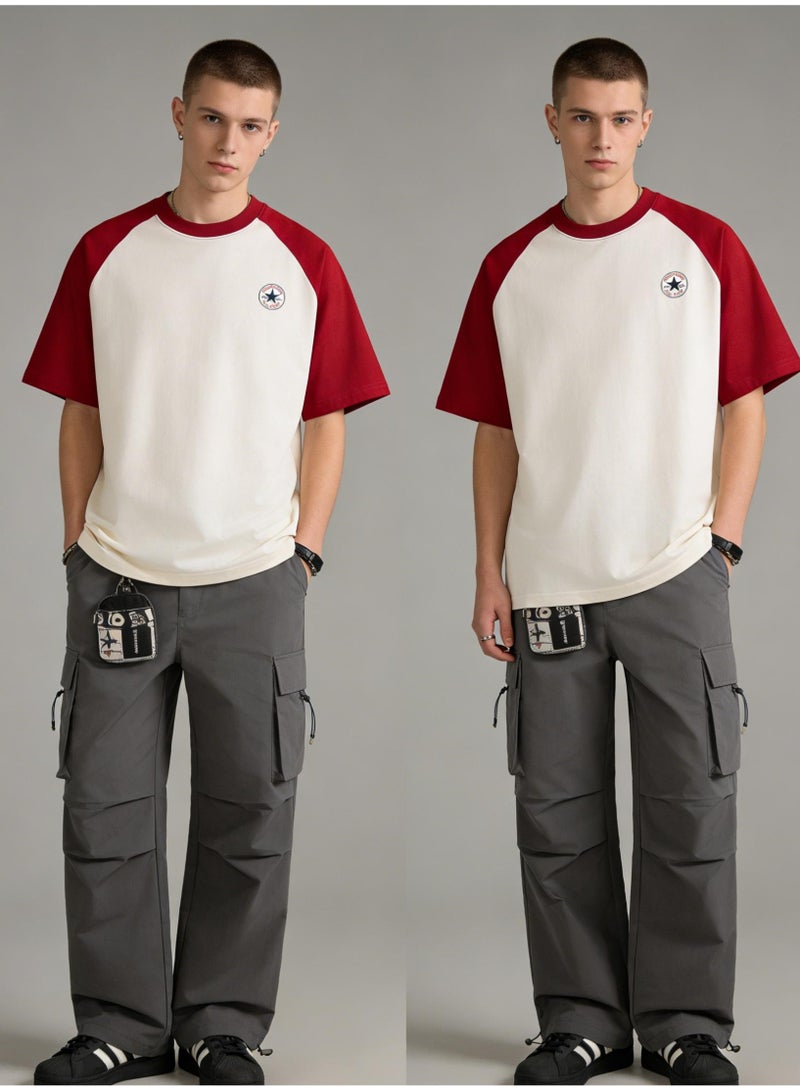 CONVERSE Alo Style Burgundy & Cream Color Block Raglan T-Shirt Unisex Loose Casual Couple Short Sleeve Tee - Image 4