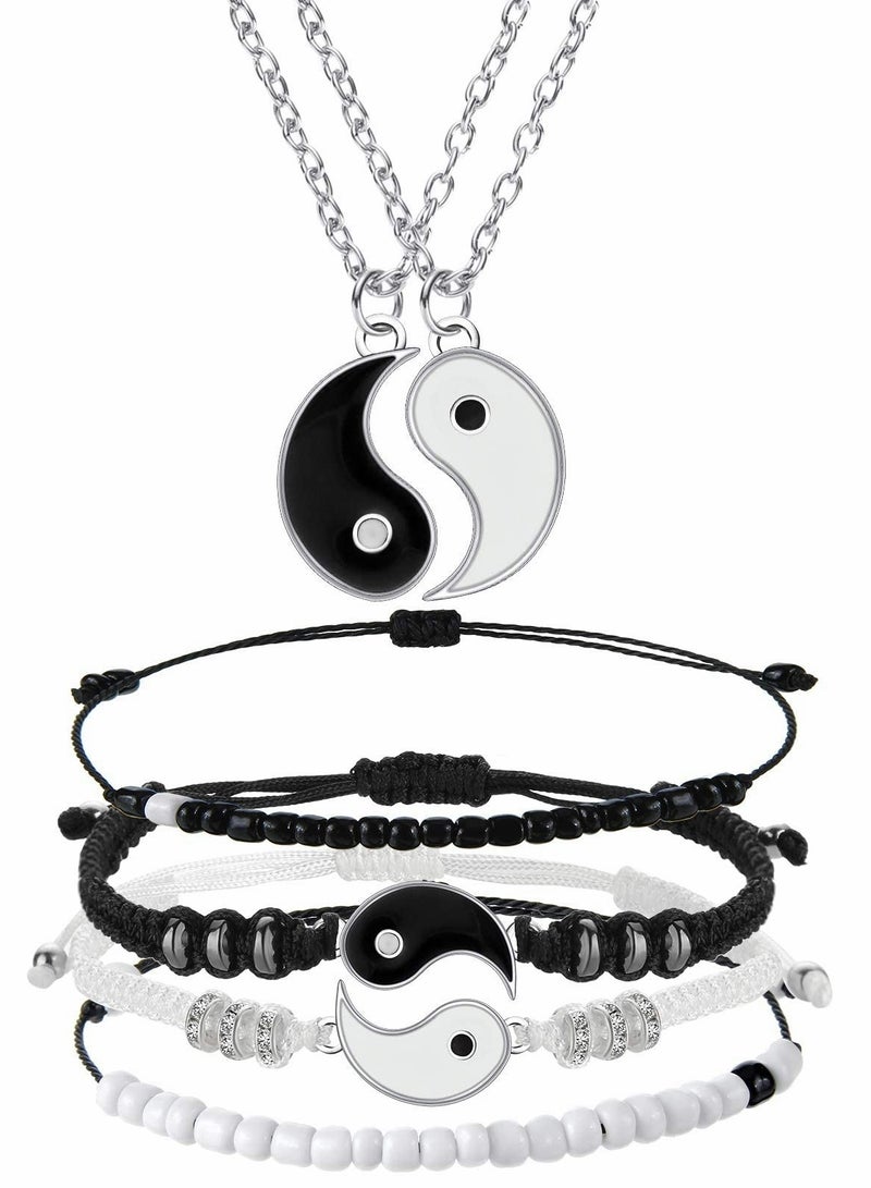 6 Piece Yin Yang Friendship Couple Bracelet Set with Necklace Adjustable Waterproof Handmade for Boyfriend Girlfriend - Image 1
