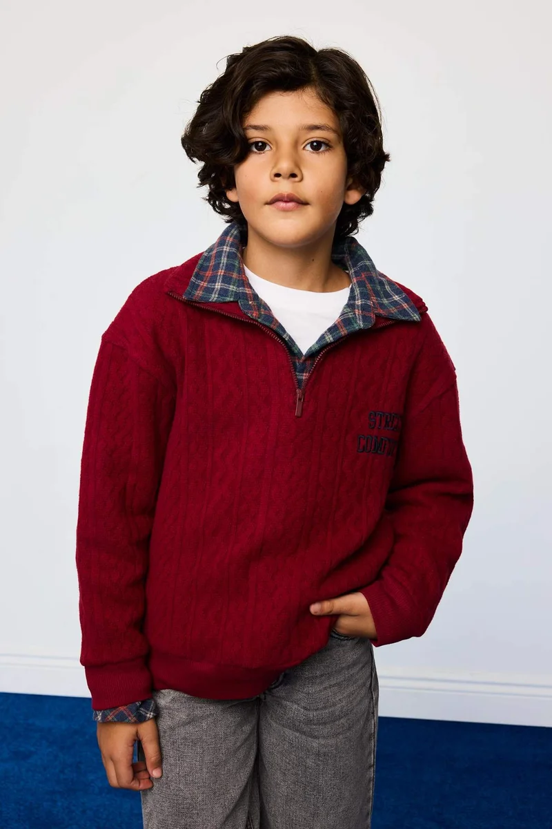 ديفاكتو Boy Oversize Half Zip Printed Jacquard Sweatshirt