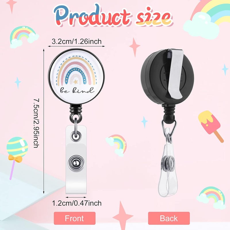 klarako 6 Pieces Rainbow Retractable Badge Reel Clip Boho Rainbow Be Kind Retractable ID Badge Holder Decorative Name Badge with Belt Clip for Students Teacher Girls Nurse (Classic Style with Black Belt Clip) - Image 2