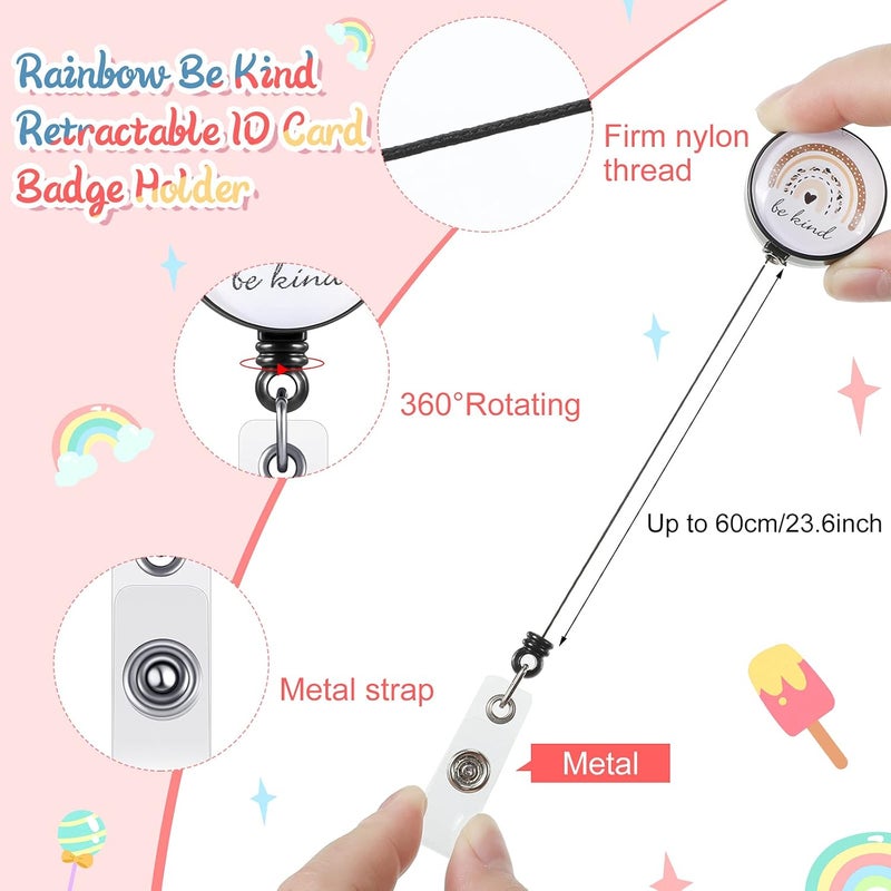 klarako 6 Pieces Rainbow Retractable Badge Reel Clip Boho Rainbow Be Kind Retractable ID Badge Holder Decorative Name Badge with Belt Clip for Students Teacher Girls Nurse (Classic Style with Black Belt Clip) - Image 3
