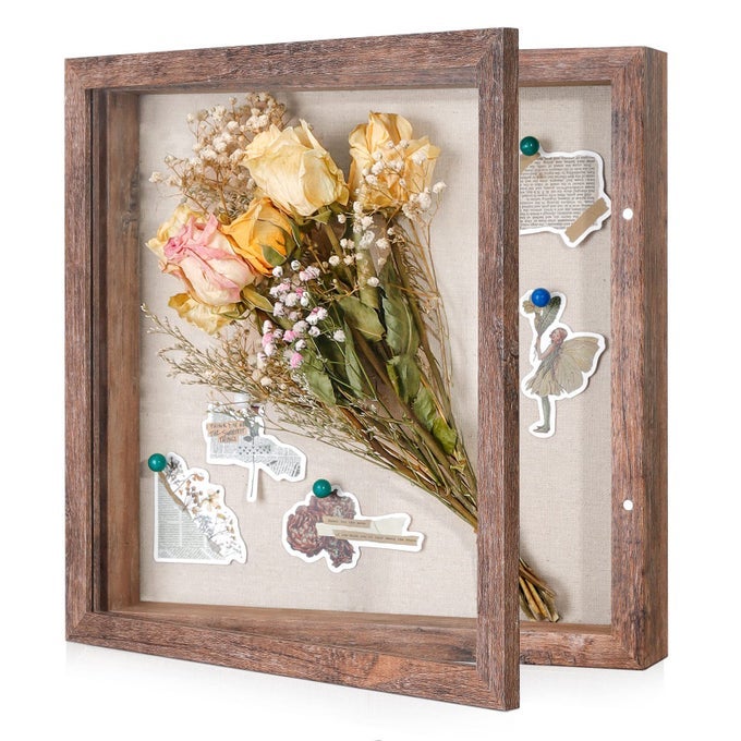 11X11 SHADOW BOX FRAME WITH LINEN BACK STURDY RUSTIC MEMORY DISPLAY CASE OF FLOWER PICTURES MEDALS AND MORE RUSTIC BROWN