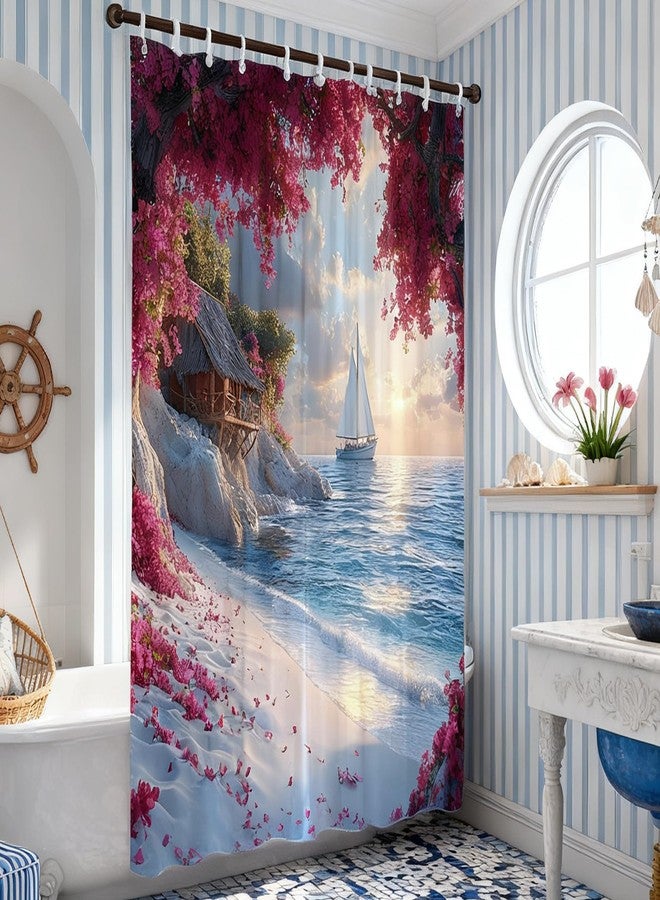 Ocean Beach Shower Curtain Coastal Nautical Boat Summer Sunset Seaside Seacoast Beachy Waves Seascape Rustic Red Floral Cabin Holiday Farmhouse Scenery Polyester Fabric Bath Decor Curtain 70 x 70 in - Image 3