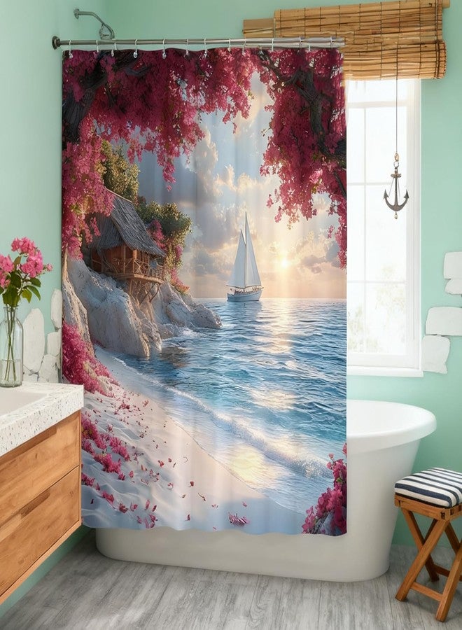 Ocean Beach Shower Curtain Coastal Nautical Boat Summer Sunset Seaside Seacoast Beachy Waves Seascape Rustic Red Floral Cabin Holiday Farmhouse Scenery Polyester Fabric Bath Decor Curtain 70 x 70 in - Image 2