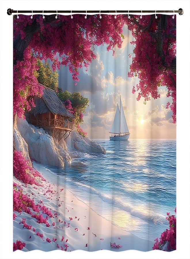 Ocean Beach Shower Curtain Coastal Nautical Boat Summer Sunset Seaside Seacoast Beachy Waves Seascape Rustic Red Floral Cabin Holiday Farmhouse Scenery Polyester Fabric Bath Decor Curtain 70 x 70 in - Image 4