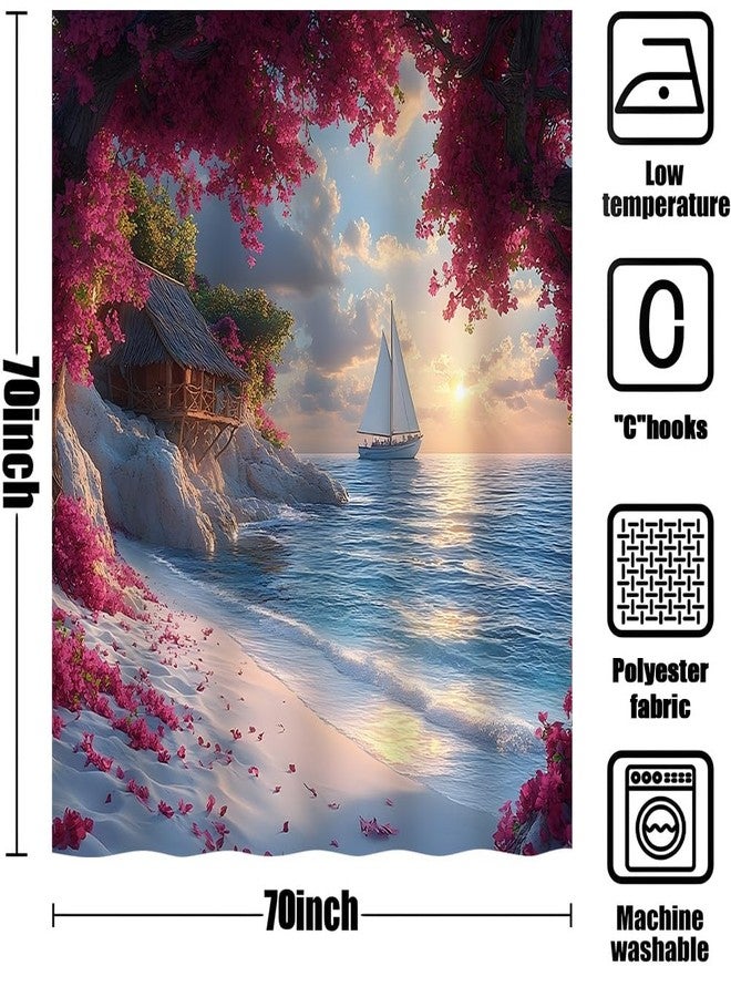 Ocean Beach Shower Curtain Coastal Nautical Boat Summer Sunset Seaside Seacoast Beachy Waves Seascape Rustic Red Floral Cabin Holiday Farmhouse Scenery Polyester Fabric Bath Decor Curtain 70 x 70 in - Image 5