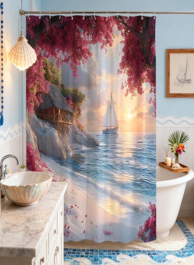 Ocean Beach Shower Curtain Coastal Nautical Boat Summer Sunset Seaside Seacoast Beachy Waves Seascape Rustic Red Floral Cabin Holiday Farmhouse Scenery Polyester Fabric Bath Decor Curtain 70 x 70 in - Image 1