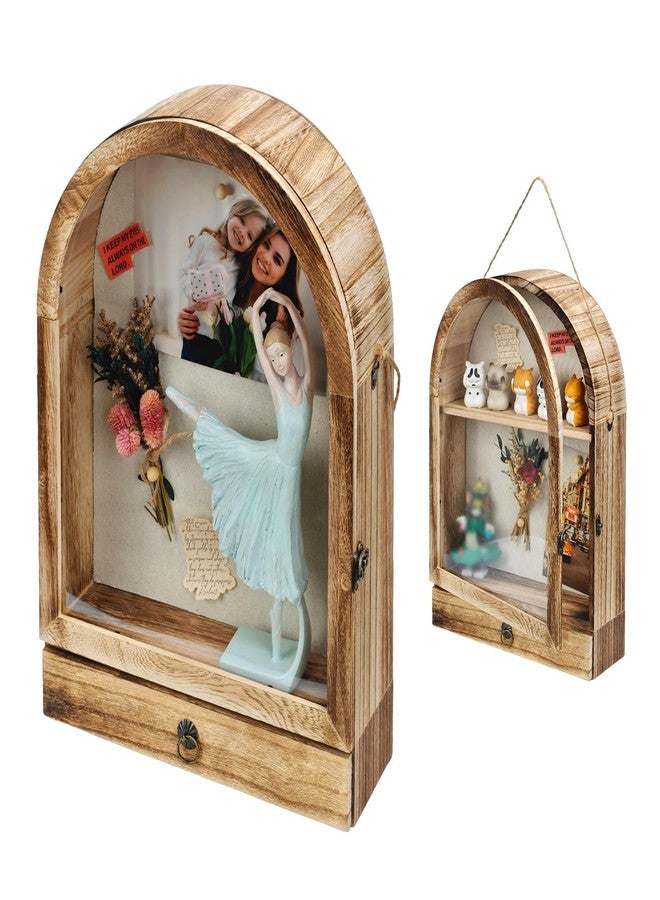Umtiti 11" x 16" Large Shadow Box with Drawers & Removable Shelves, Arch Brown Wooden Memory Box for Keepsakes, Decorative Display Case with Slot for Christmas & Special Occasions, Brown - Image 1
