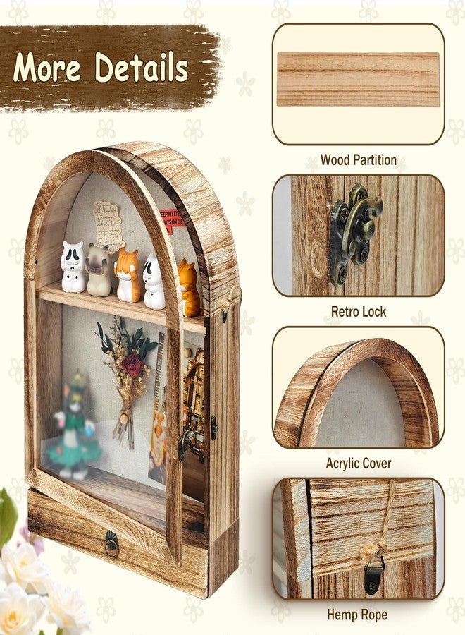 Umtiti 11" x 16" Large Shadow Box with Drawers & Removable Shelves, Arch Brown Wooden Memory Box for Keepsakes, Decorative Display Case with Slot for Christmas & Special Occasions, Brown - Image 3